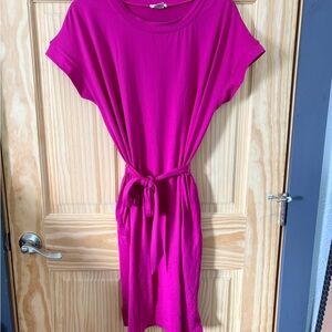 Yelete Fuchsia Short-Sleeve Tie-Waist Midi Dress